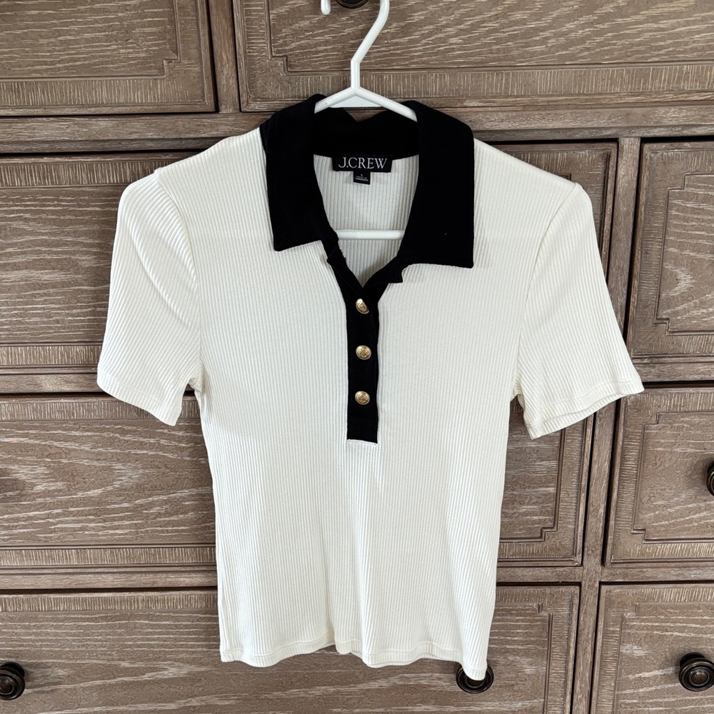 J. Crew Women's Cream and Black Button Down Shirt